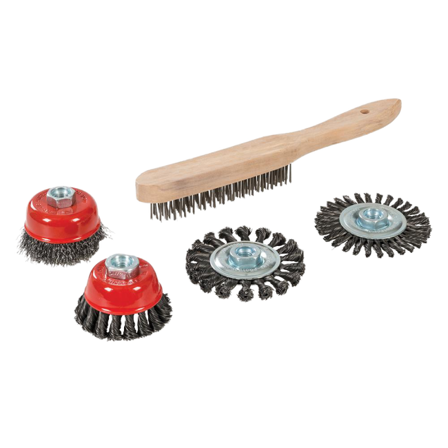 Brosse métallique, boisseau et roue à fils torsadés, kit 5 pcs