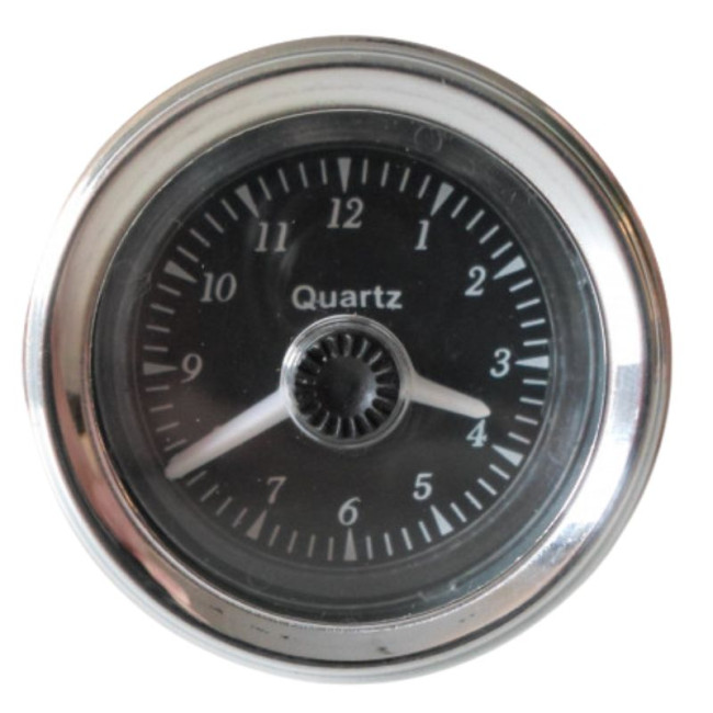 Horloge 6 V et 12 V Fond noir / tour chrome / aiguille blanche